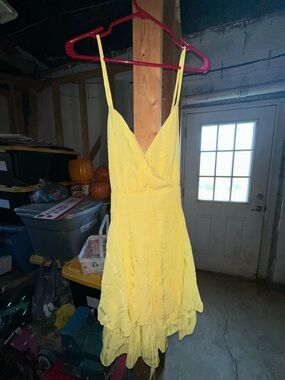 Simplee Apparel Yellow Spaghetti Strap Tiered Ruffle Mini Dress